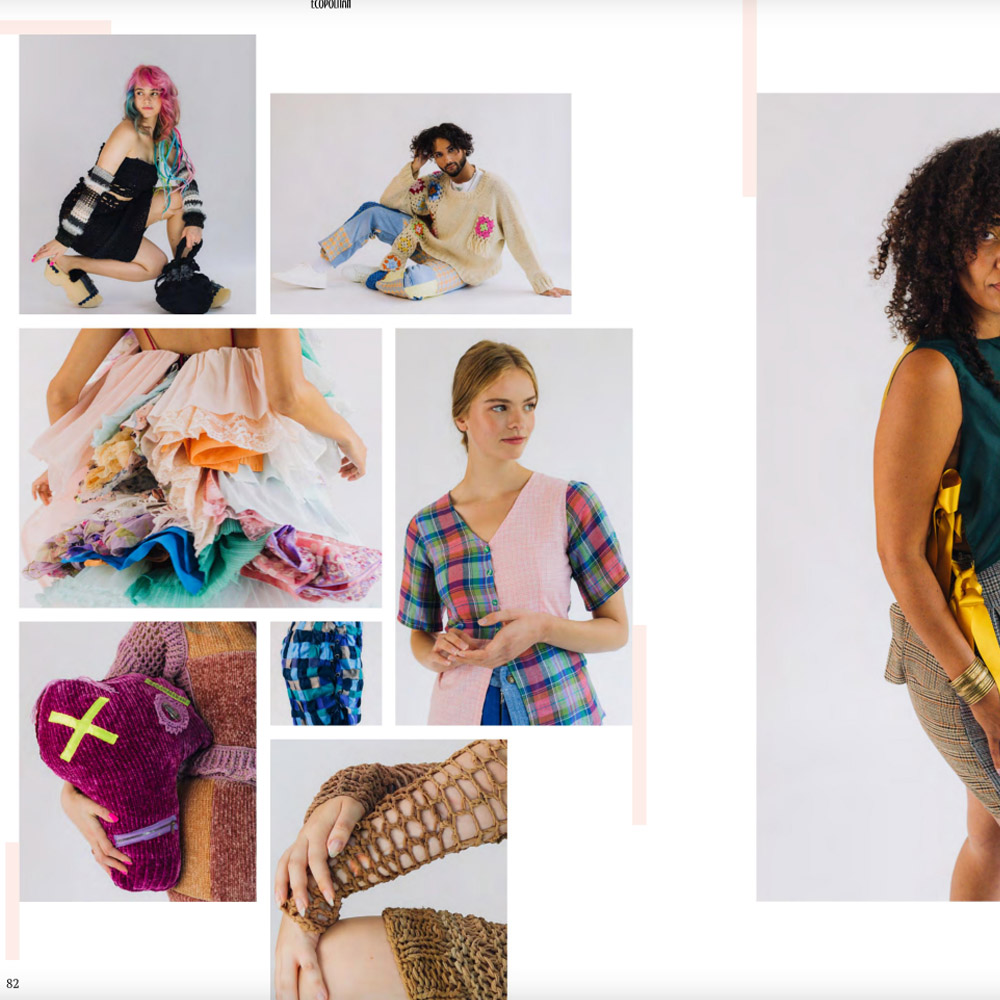 artikel over trash fashion van kunstenares Ageethe groenendaal alias Pixelpolly Amsterdam. modellen in kleurrijke kleding en accessoires, waaronder roze haar, patchwork en handgemaakte textielstukken.