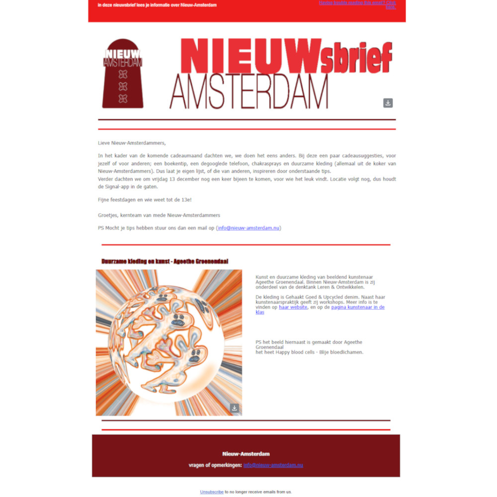 Nieuwsbrief Nieuw-Amsterdam met digitale kunst van Amsterdamse kunstenares Ageethe Groenendaal alias Pixelpolly Amsterdam