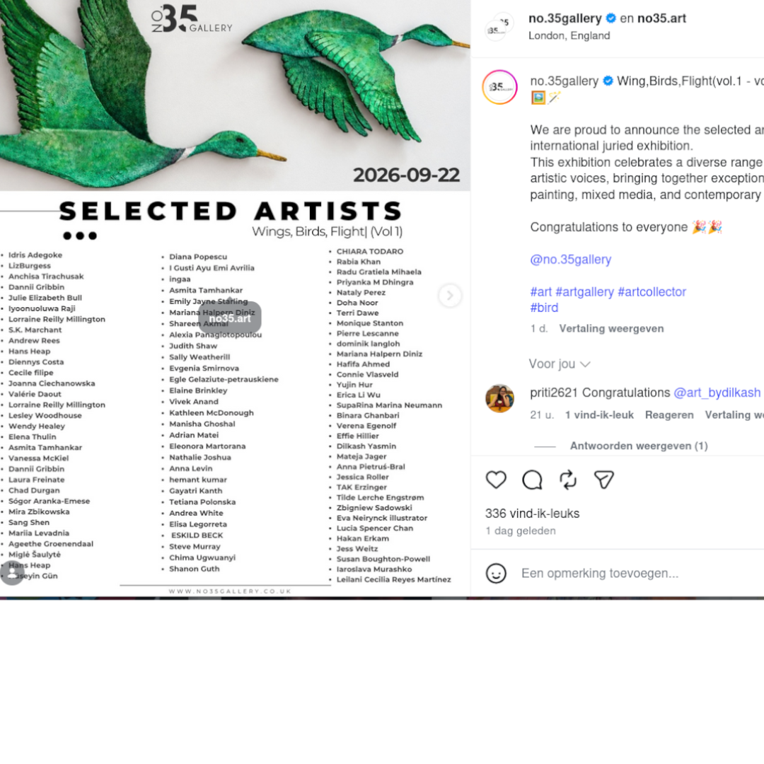 affiche met lijst geselecteerde kunstenaars en datum 2026-09-22,  Instagram-bericht met digitale kunst van kunstenares Ageethe Groenendaal alias Pixelpolly Amsterdam